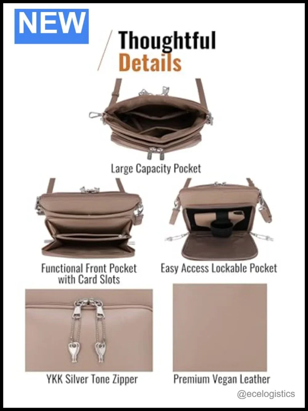 Vegan Leather CCW Crossbody Bag with Adjustable Strap Multi-Zipper